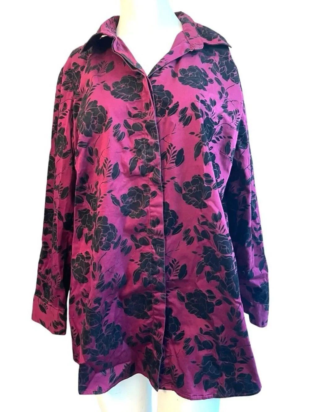 Chicos Womens Size 3 XL 16 Wine Red Flocked Floral Rose Button Down Tunic Blouse